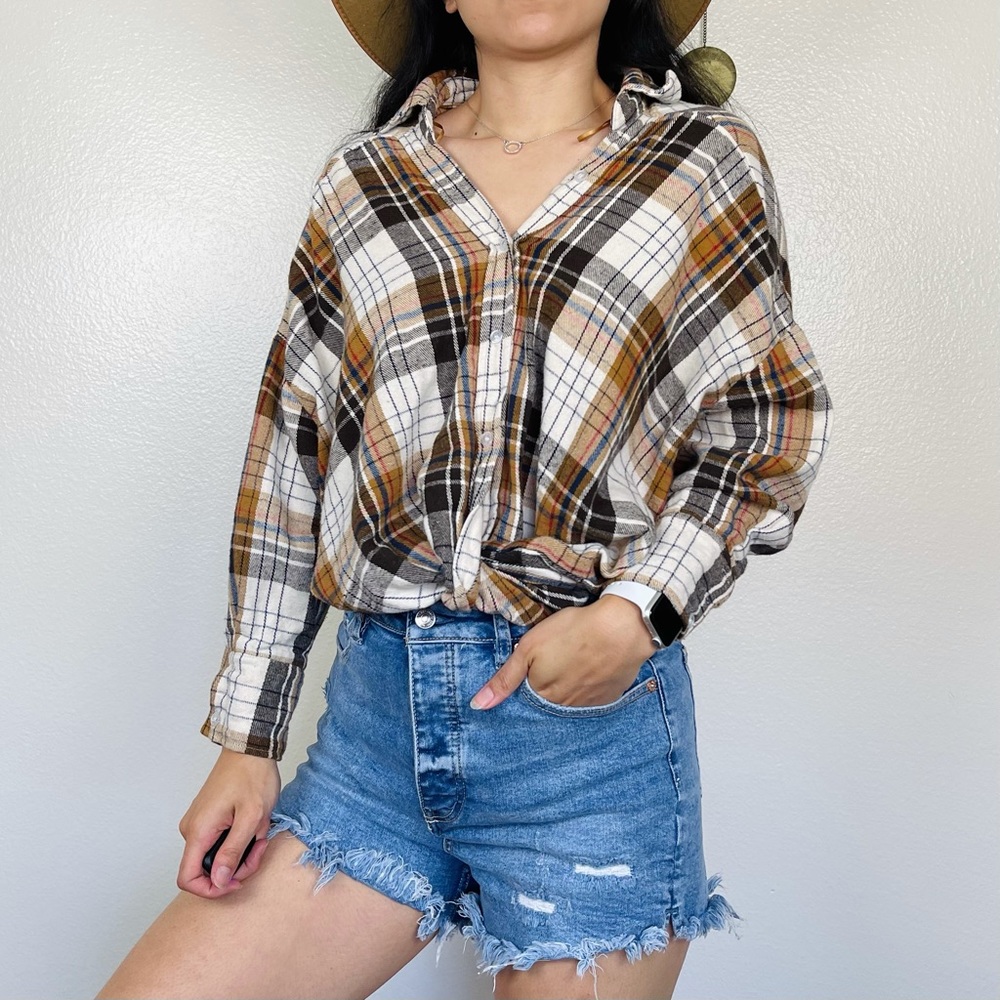 Mable Cropped Twist Front Plaid Flannel